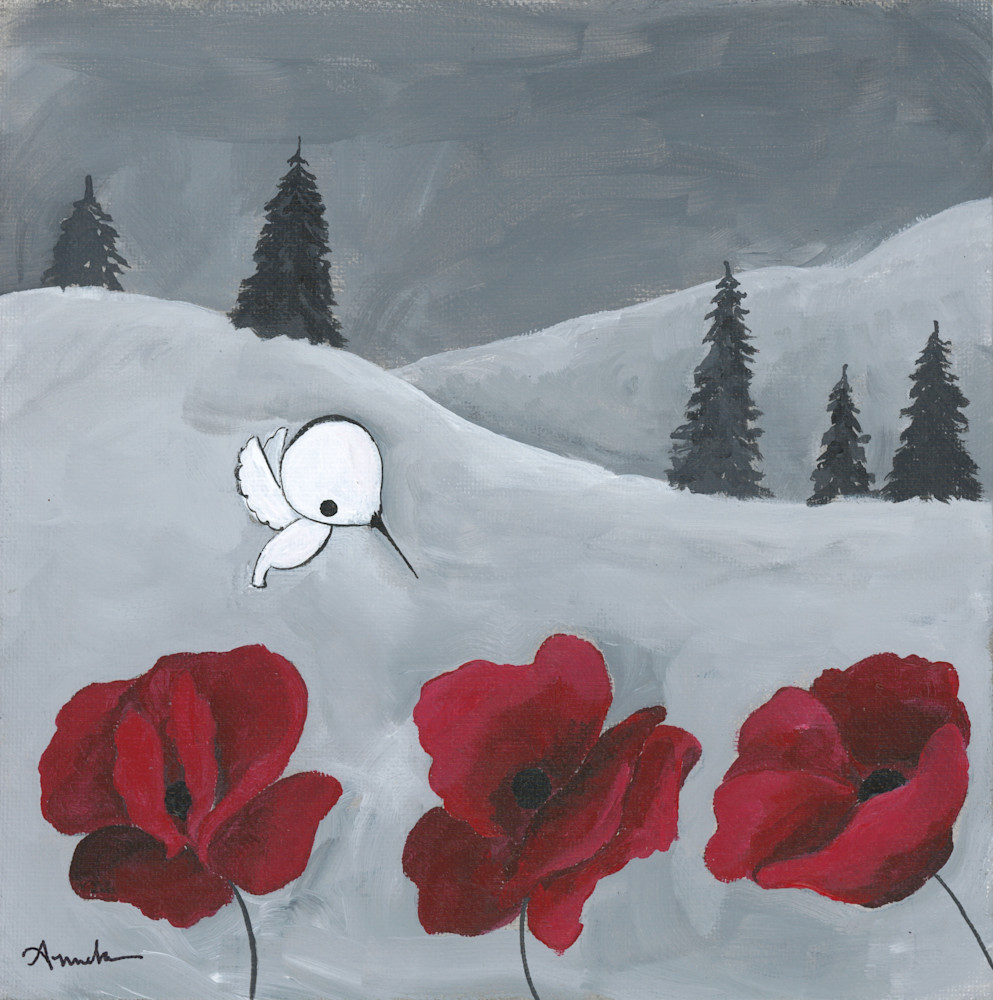 Hummingbird And Three Poppies Art | Anneke Swanson Art