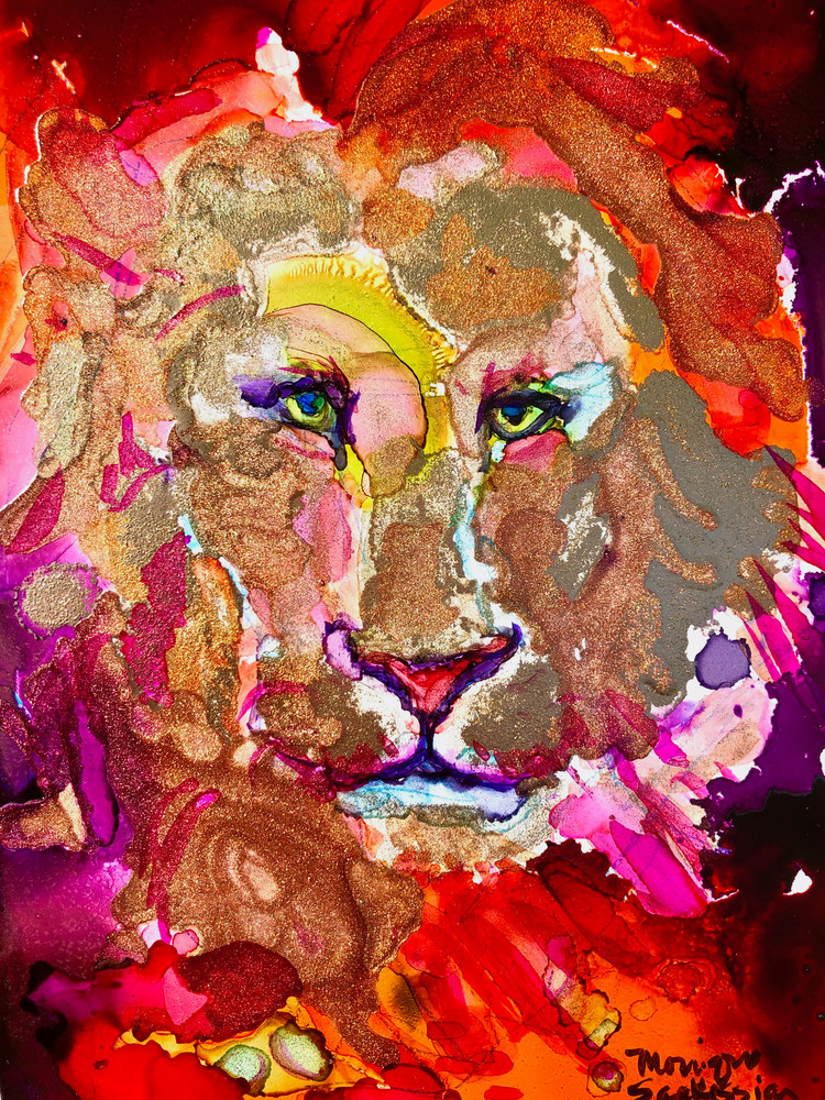 "Ready to Roar 20",  lion of Judah Jesus painting by Monique Sarkessian alcohol ink on panel, 7x5".