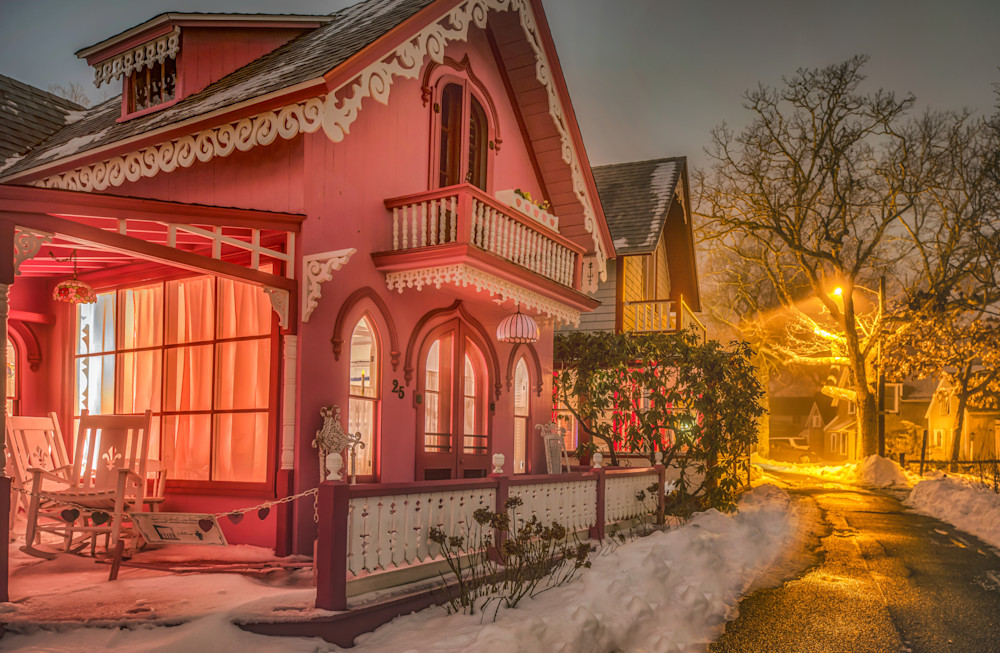 Pink House Nightime Winter Streetscape Art | Michael Blanchard Inspirational Photography - Crossroads Gallery