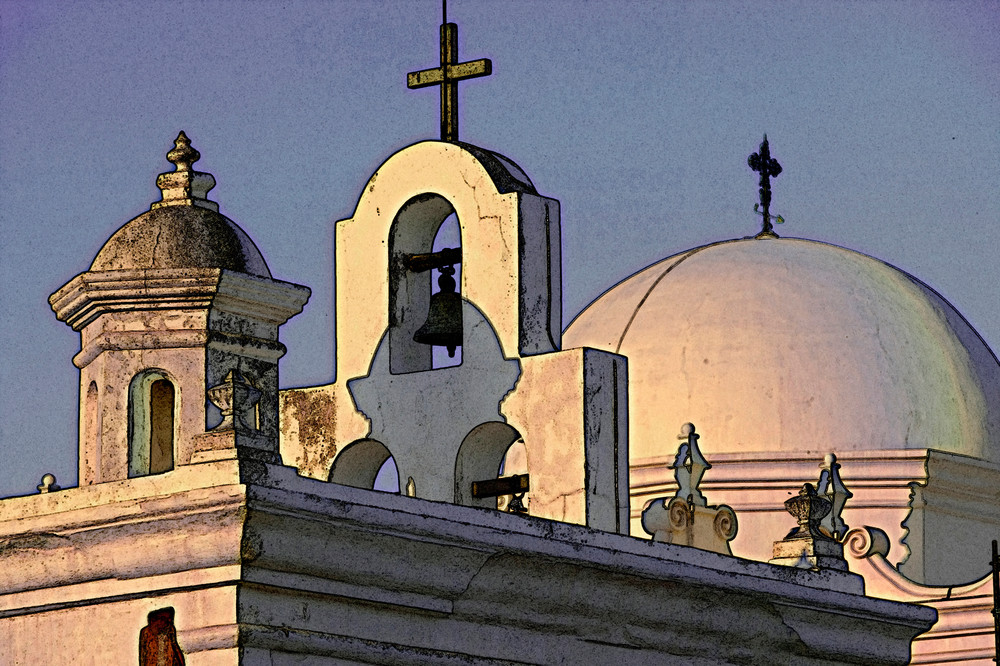 Digitally altered image of the white Mission of San Xavier del Bac, south of Tucson, Arizona