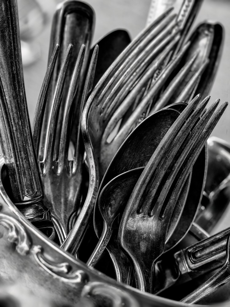 John E. Kelly Fine Art Photography – Forks, Spoons and Knives in Pitcher - Silver