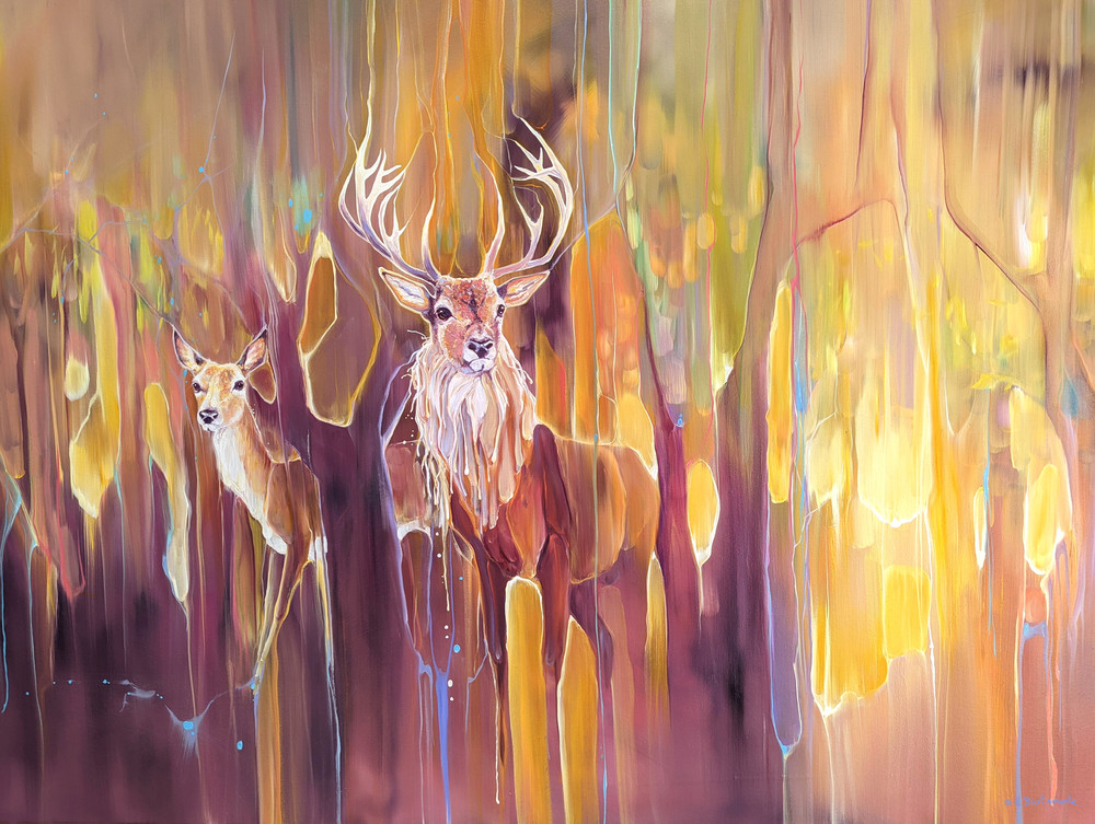 colourful print of a red deer stag and a doe in an abstract forest