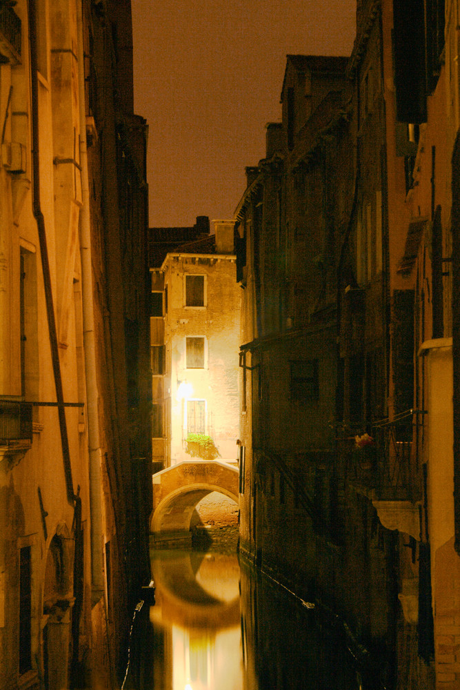View of Bridge at Night, Canals of Venice, Italy, night photography by Carol Schiraldi 