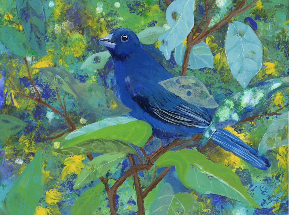 Original Painting Of Indigo Bunting Hidden In Blue And Green Leaves