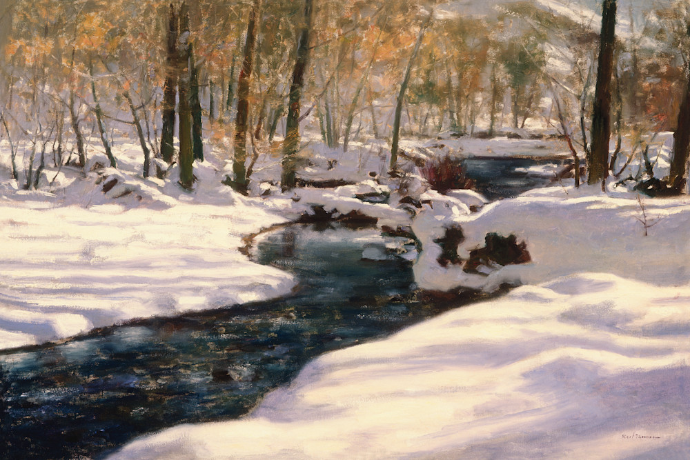The Artist Enclave - Winter Stream with Trees, Snow and Stream. Print by Utah Artist Karl Thomas. Available in small, medium and large sizes on fine art paper, canvas, giclees, wood and more.