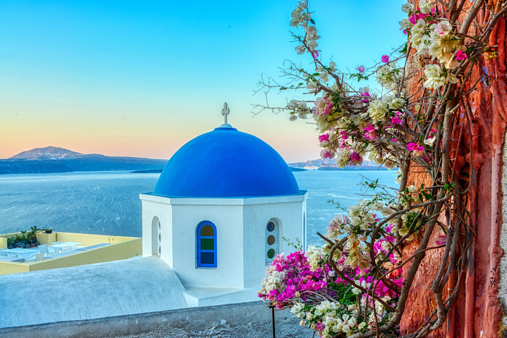 Greek Church With Flowers Before Sunrise On Santorini Photography Art | Bryce Quayle Fine Art Photography