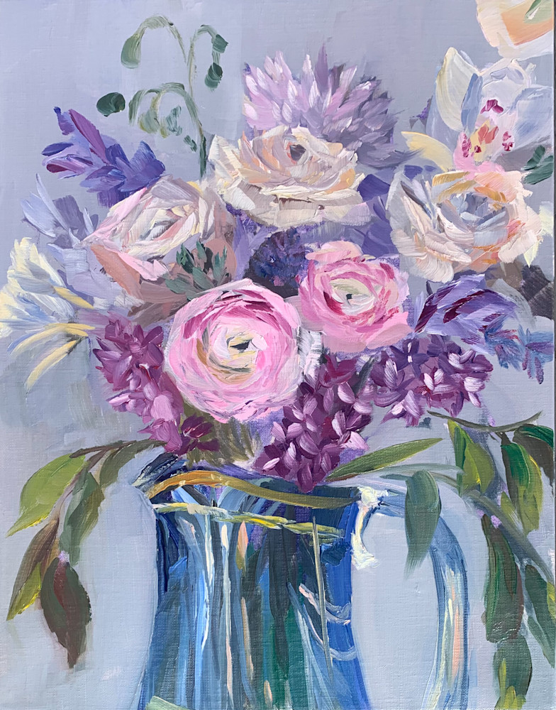 Ranunculus And Roses In A Blue Pitcher Art | Holly Kendrick Babin Fine Art