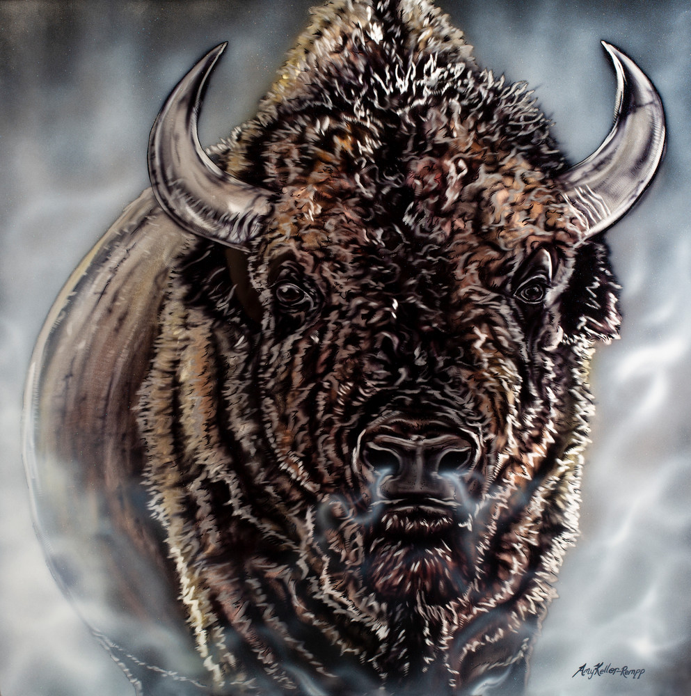 Out of the Mist by Amy Keller-Rempp art, metal painting of a buffalo