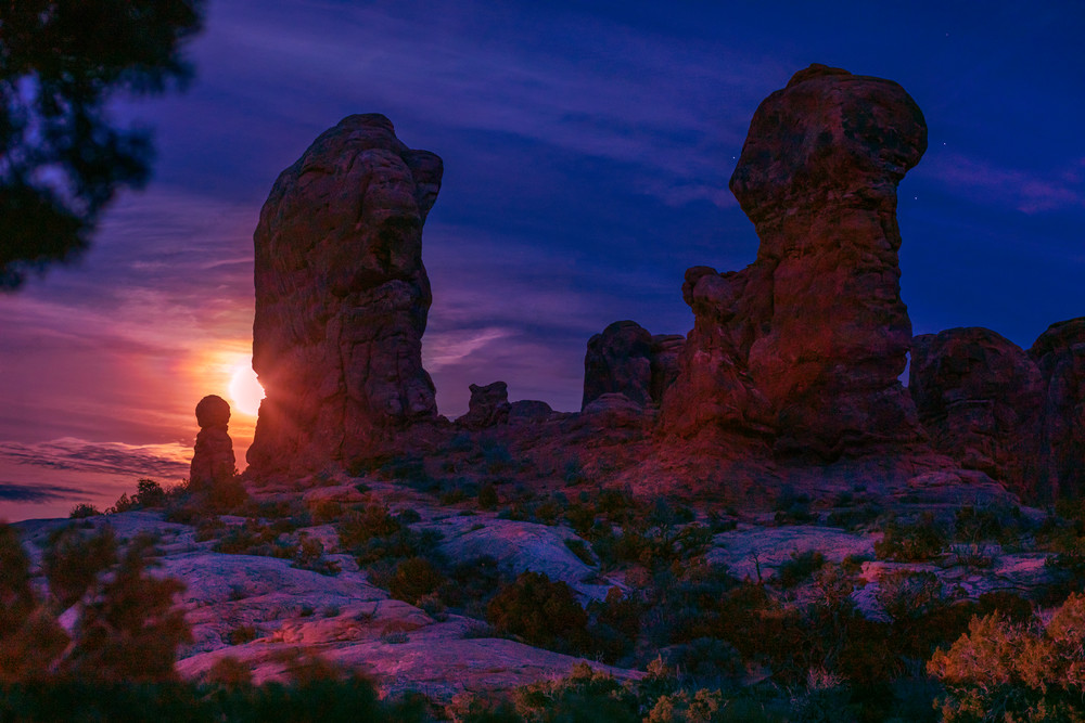 Night Photograph of Garden of Eden with a Full Moon in Arches National Park, Moab, Utah