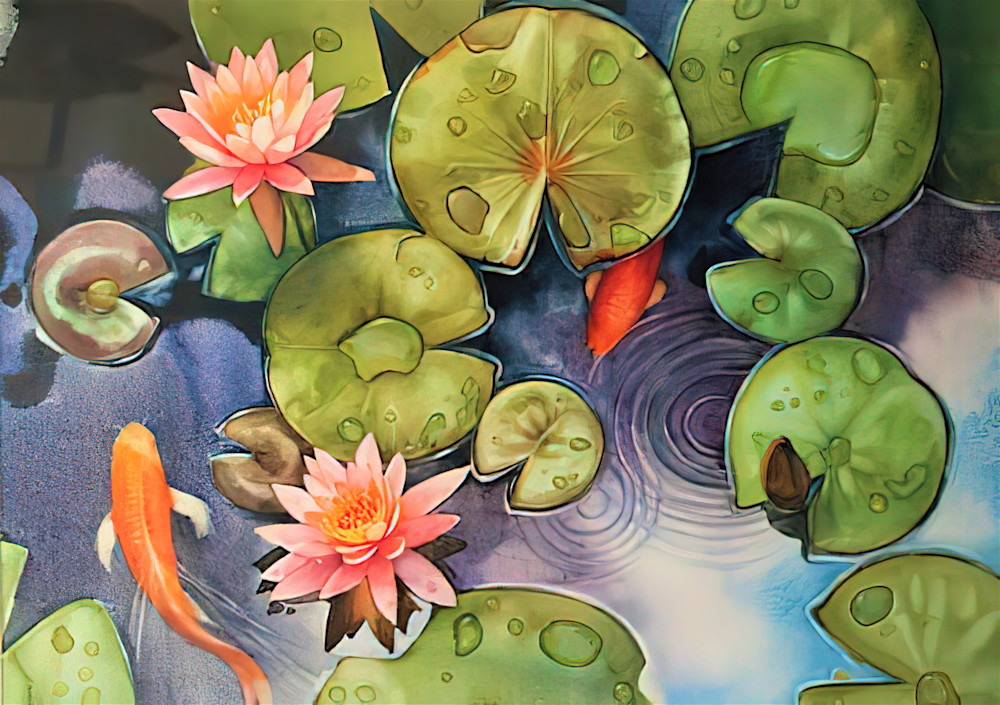 Watercolor Floral 4824 American Water Lilies With Koi Fish Art | Francine Warren Art