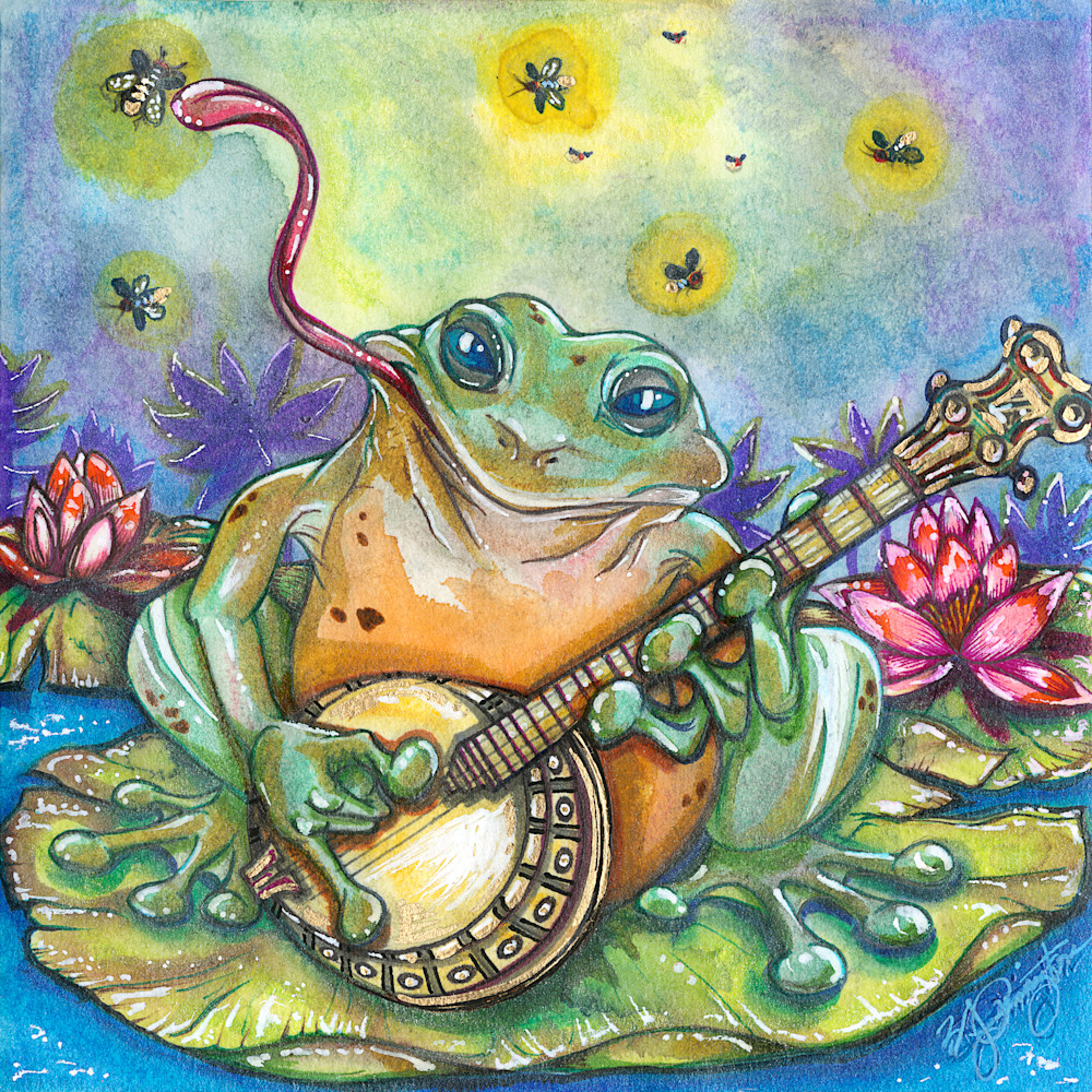Ribbit Tunes Underneath The Moon  Frog With Banjo Art | Jamila Art Gallery