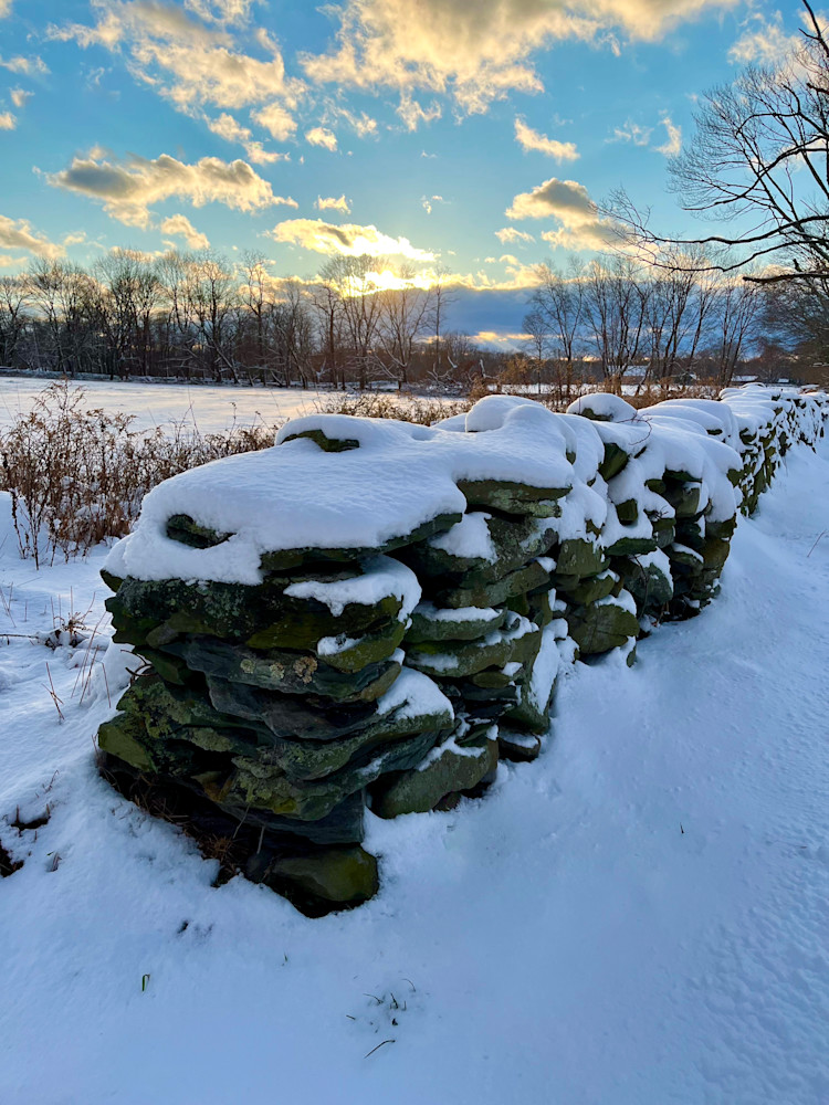 Stone Wall on Coggeshall Farm-Feb snow at Sunset