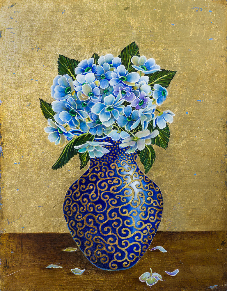 Hydrangeas in Blue Vase Art Print by Mia Pratt