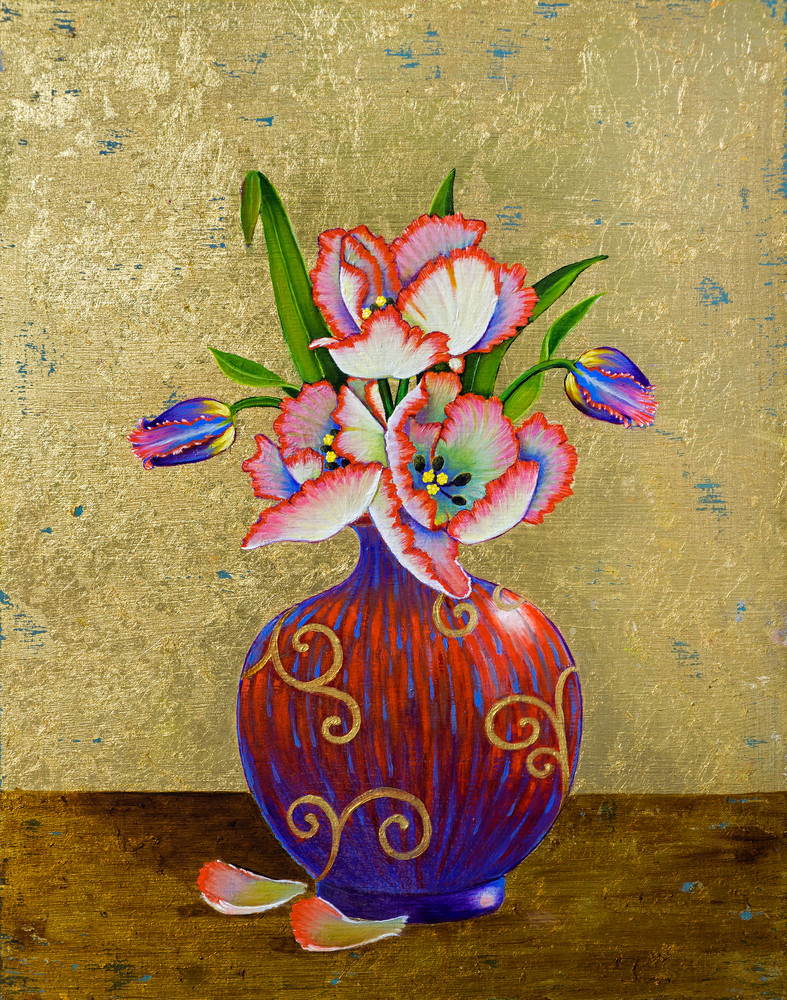 Parrot Tulips in Vase Still Life Print by Mia Pratt