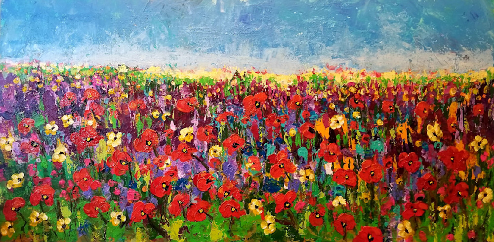 Experience happiness when you look at this vibrant color bursting abstract landscape of wildflowers. 