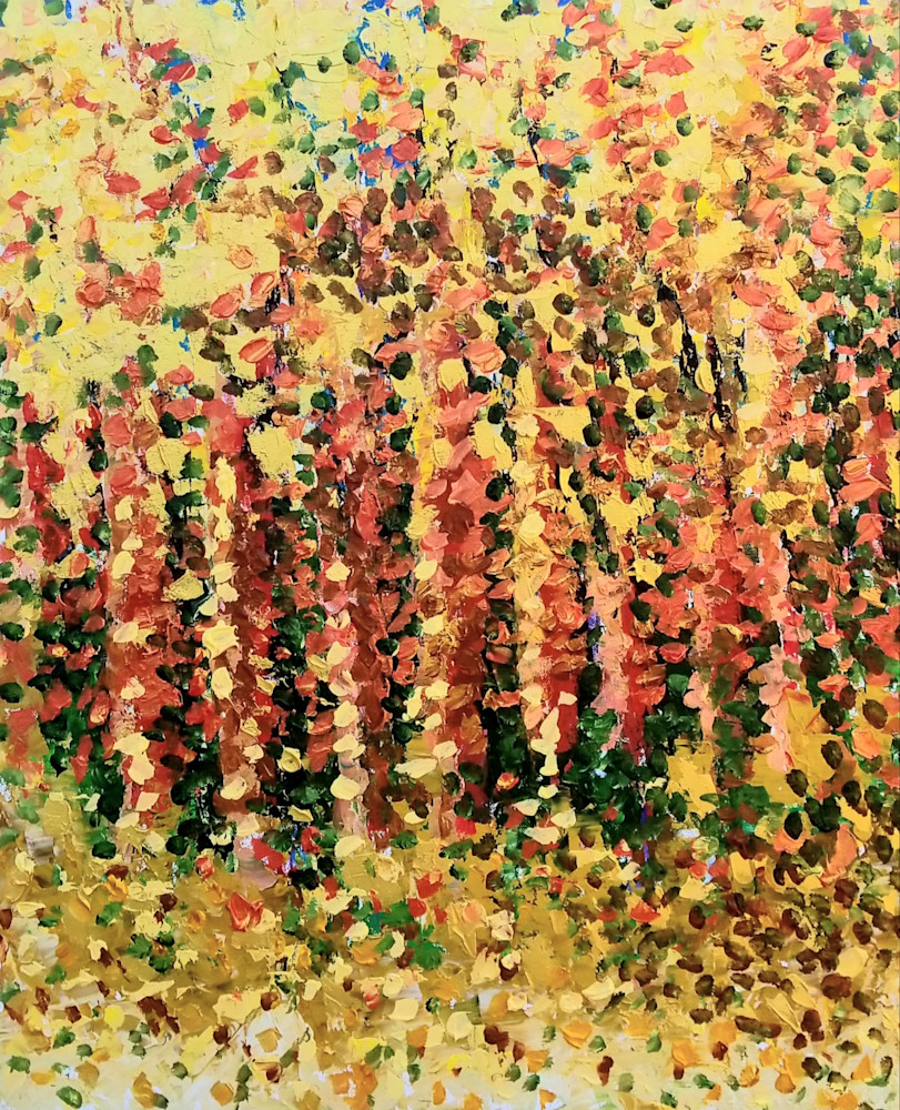 Krista Falkenstine art with aspens glittering with gold. 