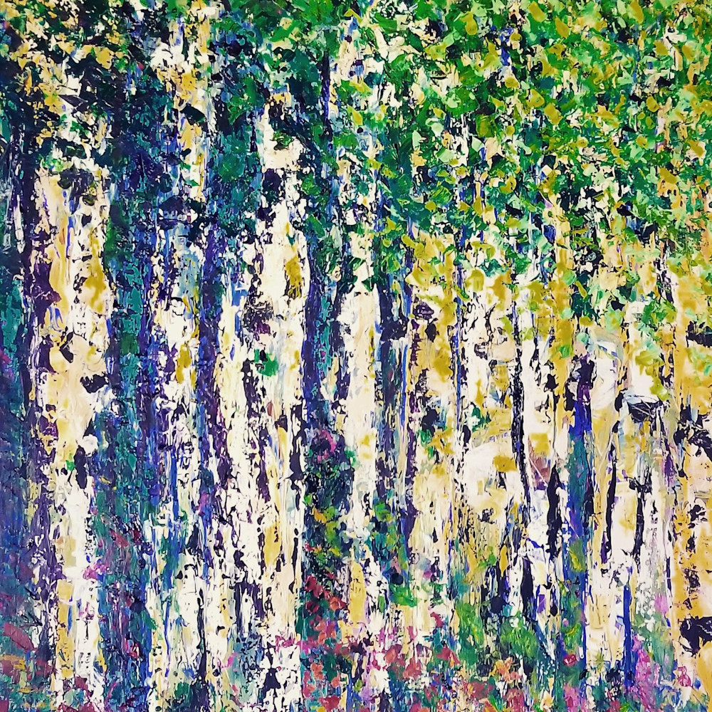 Krista Falkenstine art abstract of summertime aspen tree forest.