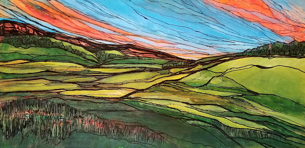 Krista Falkenstine art abstract sunset over the hills and mountains.