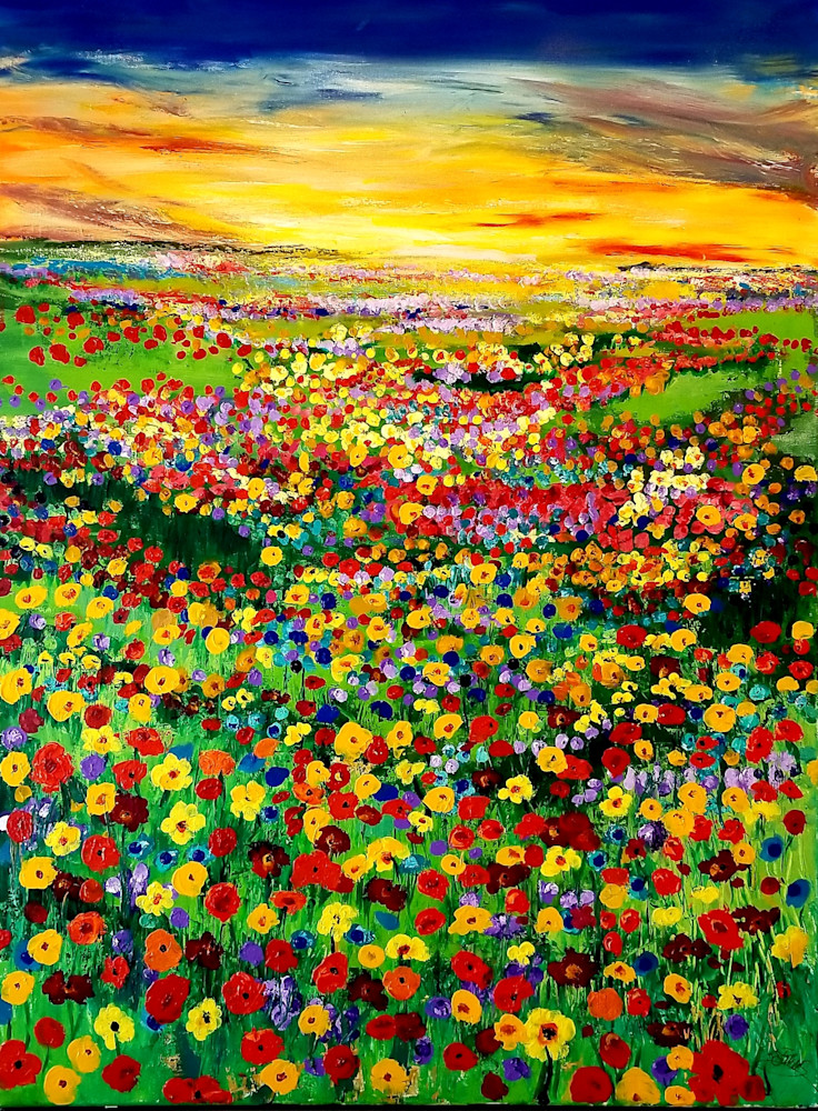 Krista Falkenstine art with gorgeous morning sunrise over the wildflowers and land.