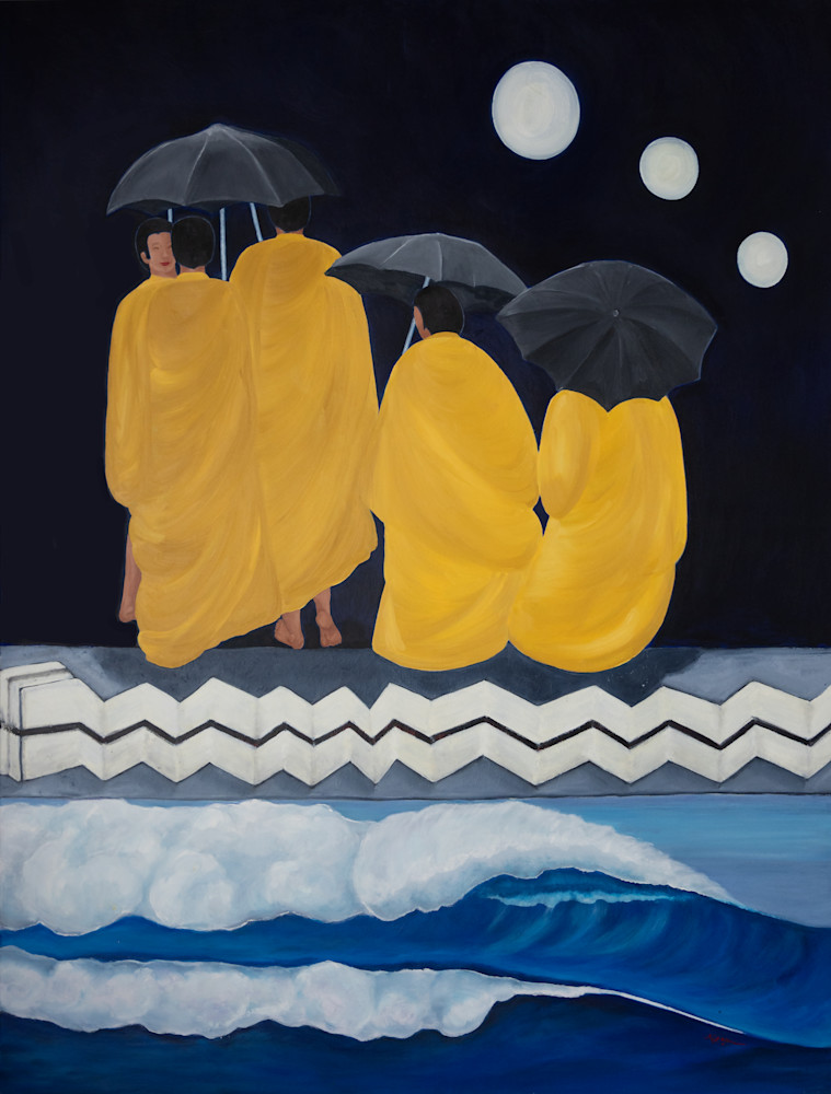 Monks with Umbrellas, Night print