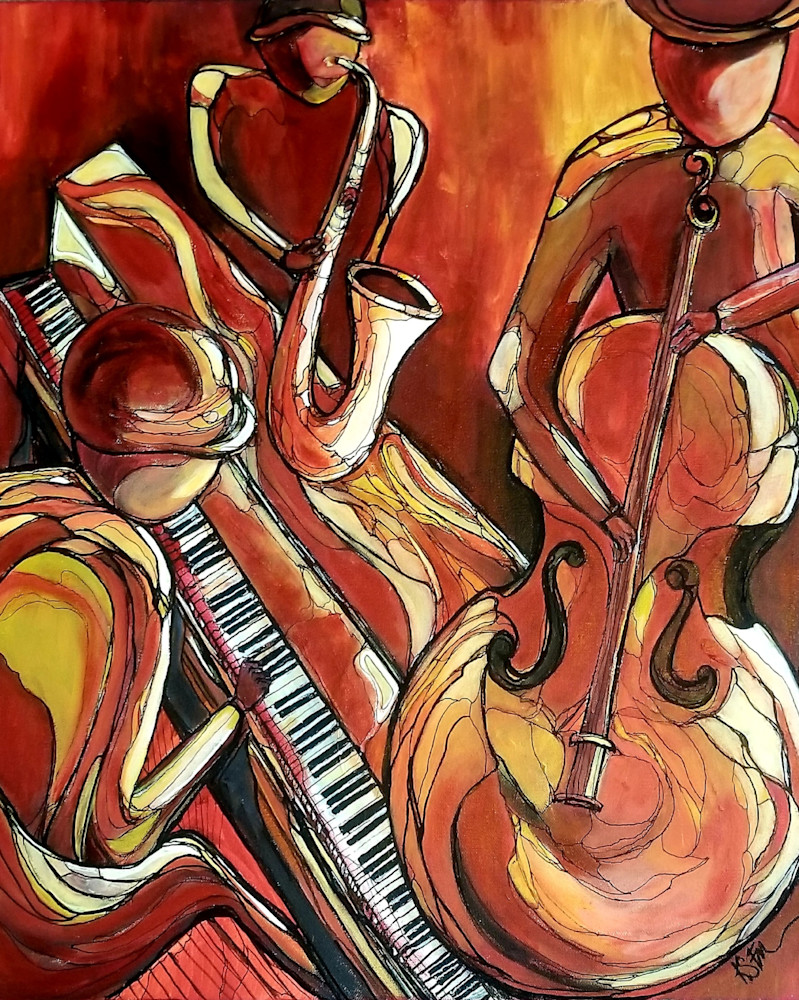 Krista Falkenstine Art, jazz trio in orange.