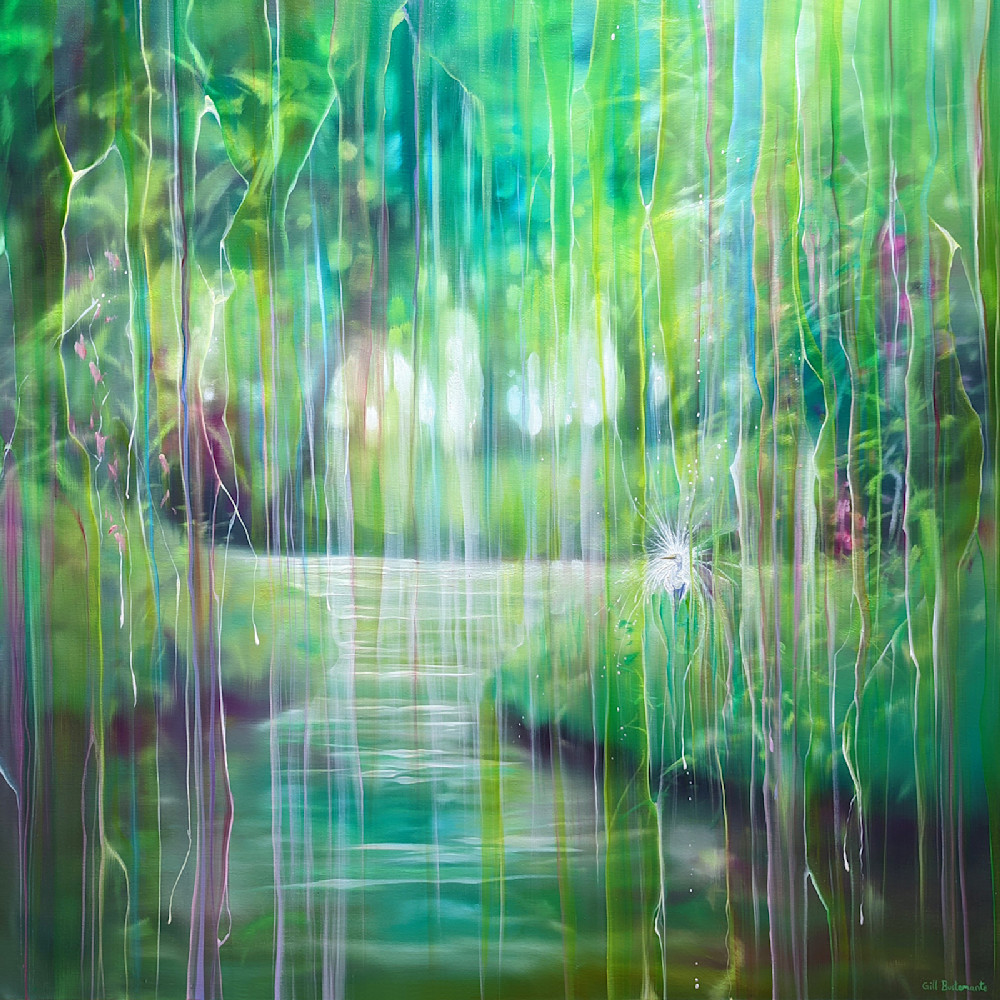 green abstract riverbank landscape with white egret