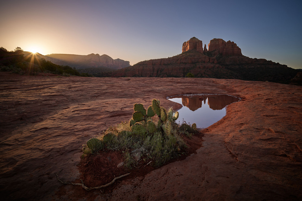 A beautiful limited-edition photograph of a sunrise over a pool of water reflecting the world famous Cathedral Rock in Sedona Arizona.
