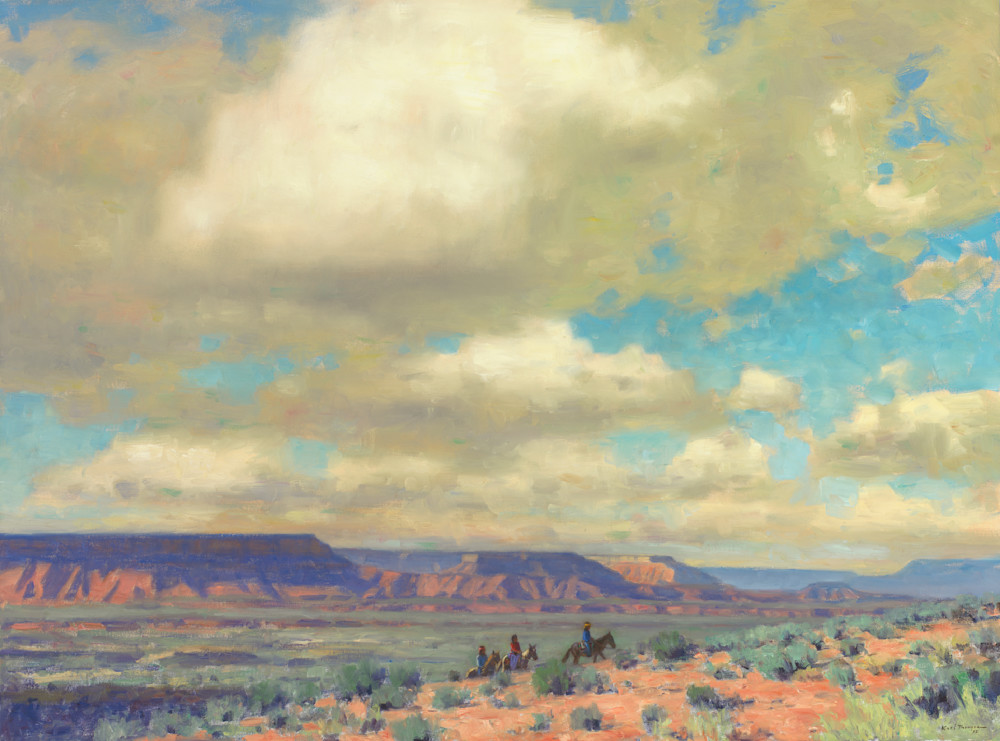 The Artist Enclave - Desert Skies print by artist Karl Thomas. Arizona skies with desert and Native American riders on horseback. Available for sale as a print on canvas, paper, wood, metal and more. 