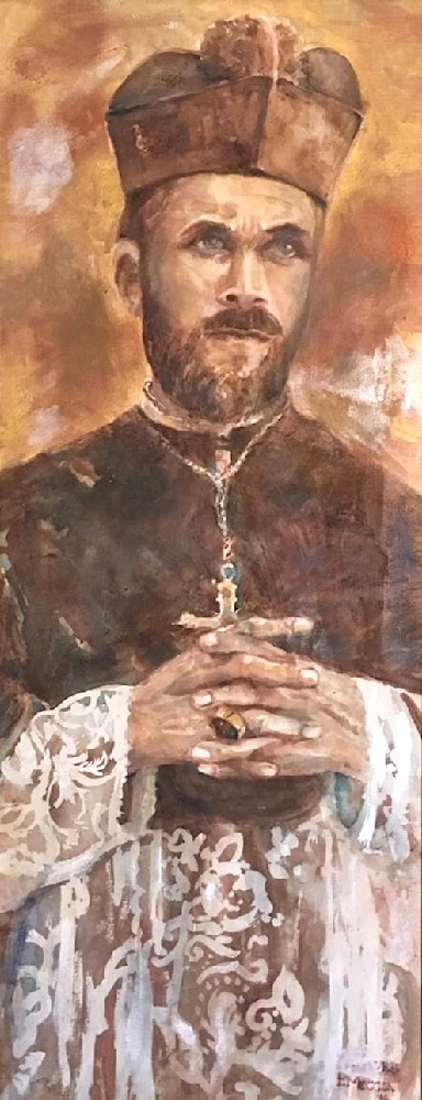 Painting of Archbishop Marcel Lefebvre in golds and bronzes