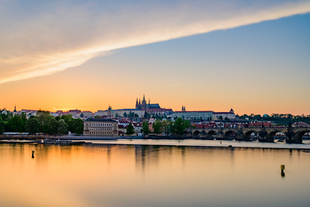 Sunset Prague - Vltava, Charles Bridge. Lesser Town and Prague Castle 