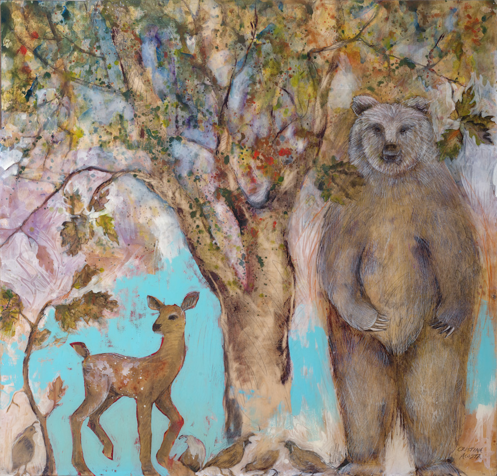 Topanga Turquoise Valley Oak, standing bear, deer, fawn, quail 