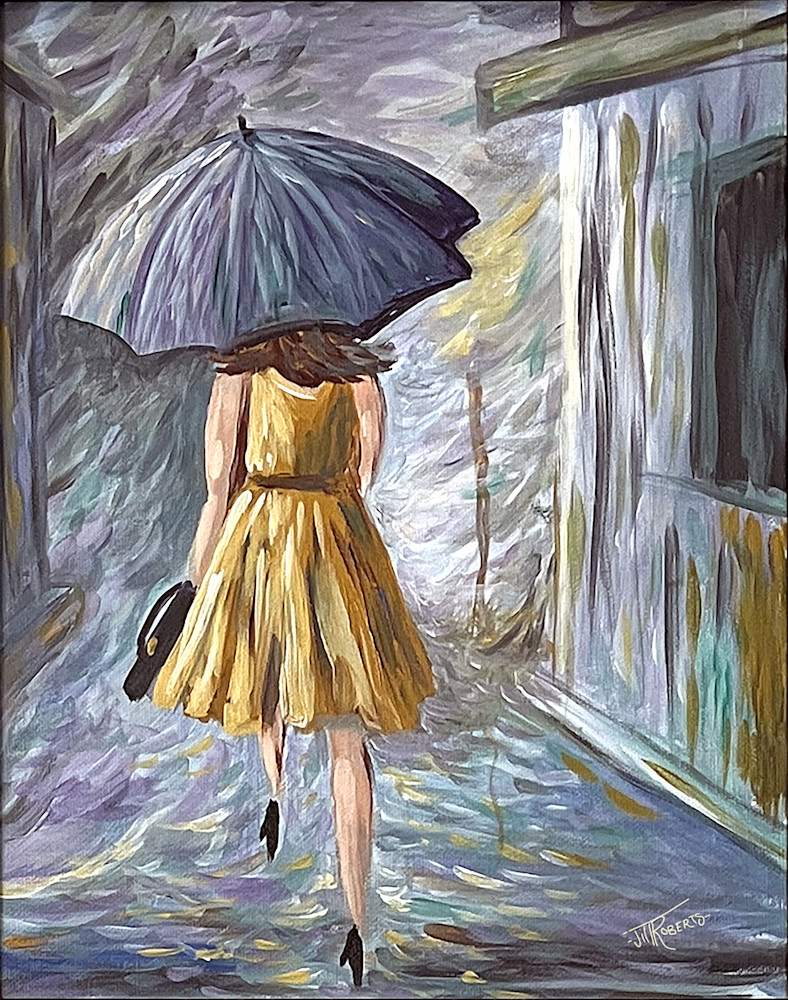 Girl in yellow dress and black high heels with a blue umbrella in the rain Jaun Sous La Pluie