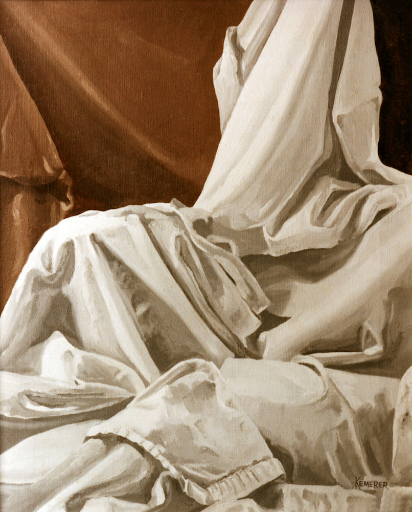 Painting of still life set up with white drapery and sepia tones of color