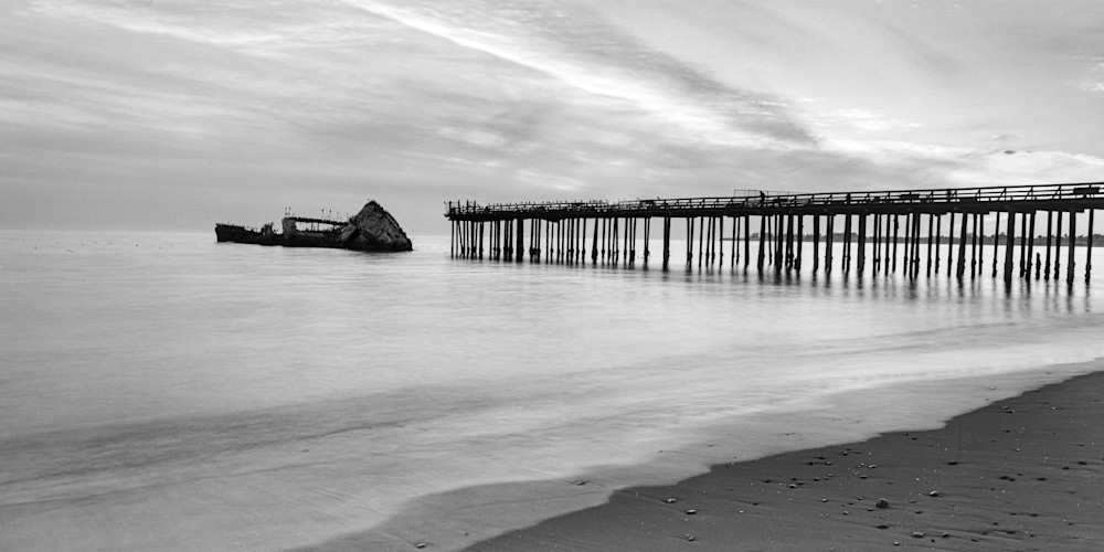 Medium format panoramic - pier and concrete ship, Seacliff beach, Aptos, California