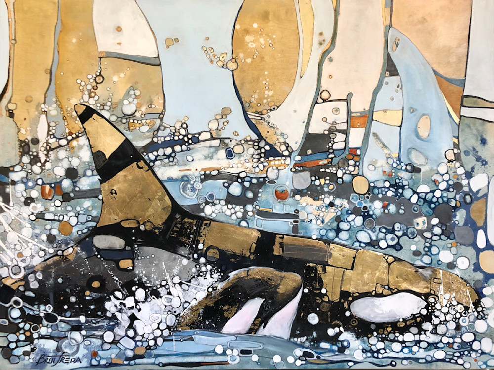 Tahlequah's Respair J35 and J57 mixed media, acrylic, graphite and gold leaf on birch panel  36" x 48"
