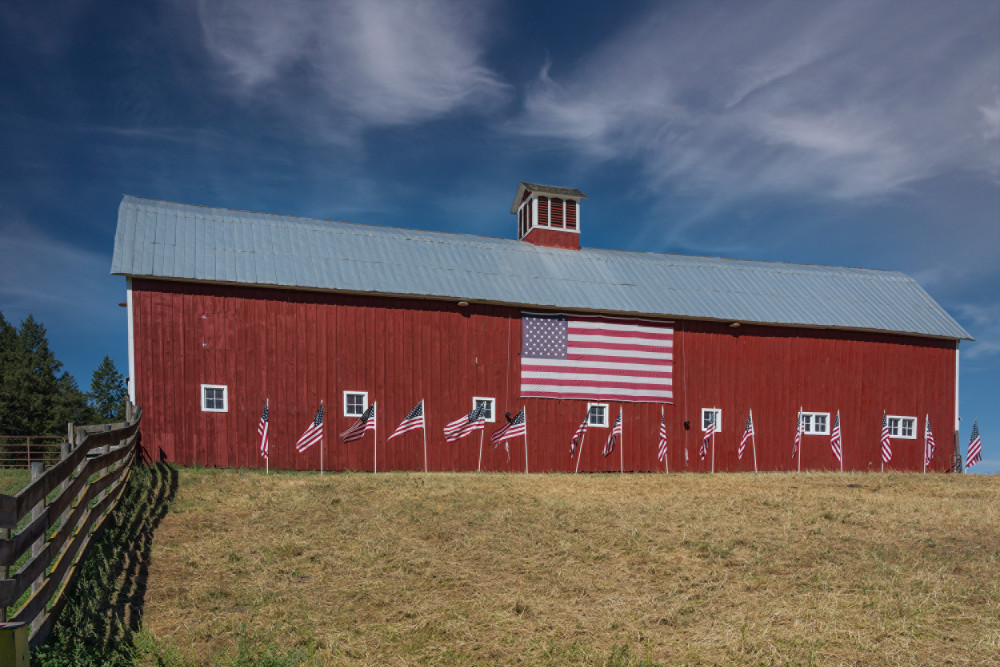 Red, white, and blue Montana barn
