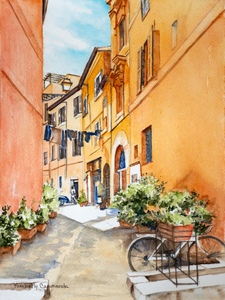 A Quiet Street In Trastevere,  Rome Art | Kimberly Cammerata - Watercolors of the Sun: Paintings of Italy