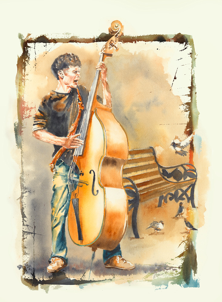 Bass Player In Park With Frame Art | Art by Alan Furst
