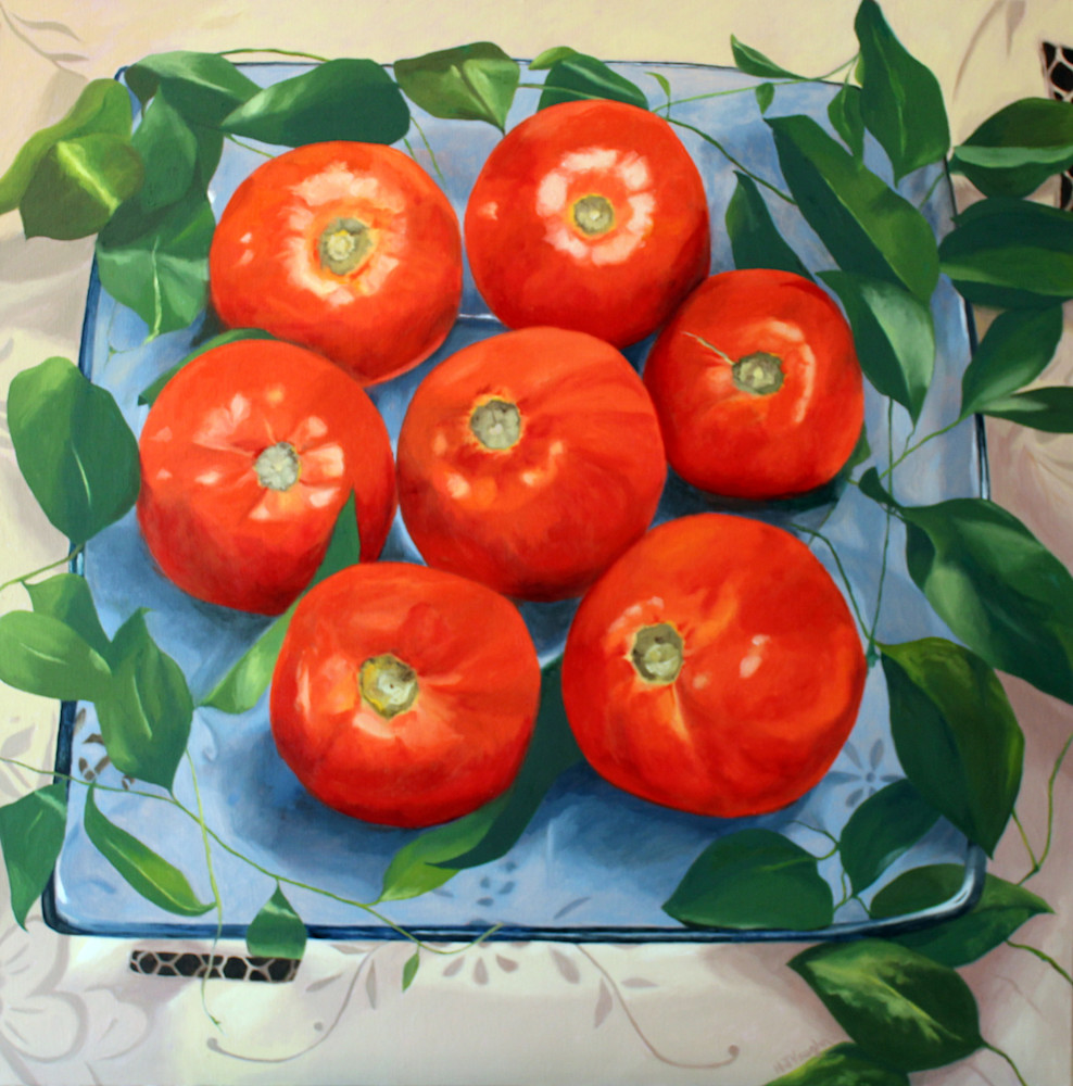 Tomatoes On A Blue Plate Art | Helen Vaughn Fine Art