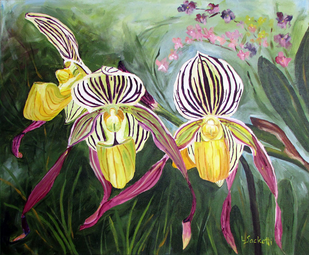 3 Amigos is an original piece of art created by Linda Sacketti featuring yellow hybrid lady slipper orchids. Fine Art prints and merchandise are available for purchase.