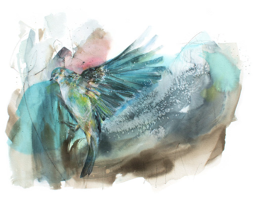 Watercolor bird aqua dreamscape fine art print