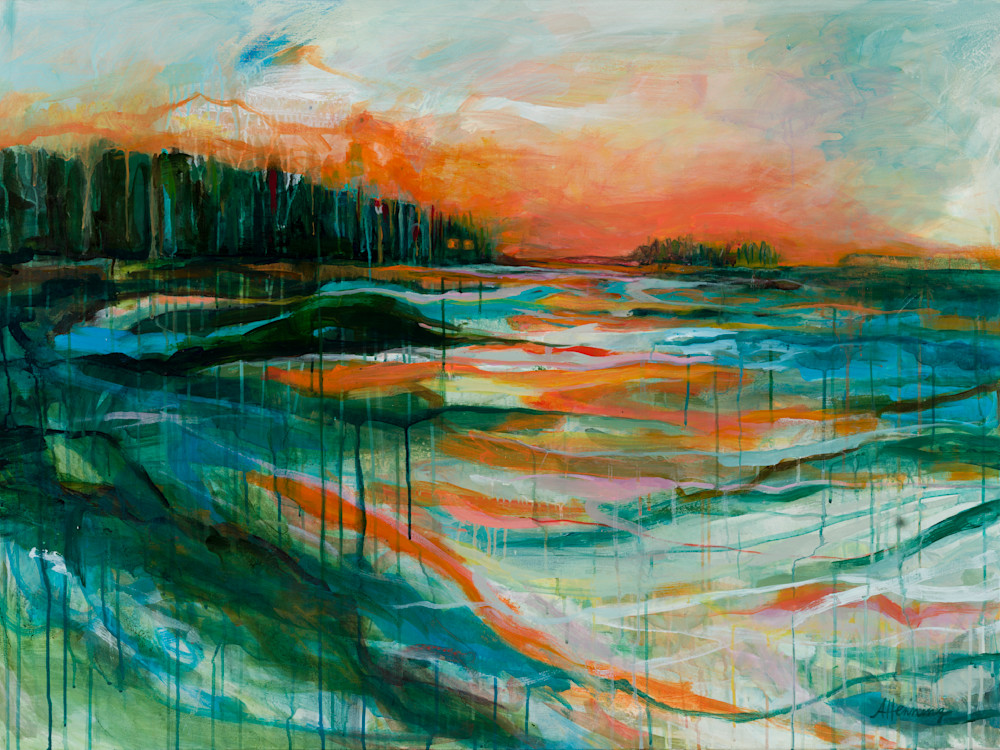 Green, Blue and Orange Expressive Water Island Painting