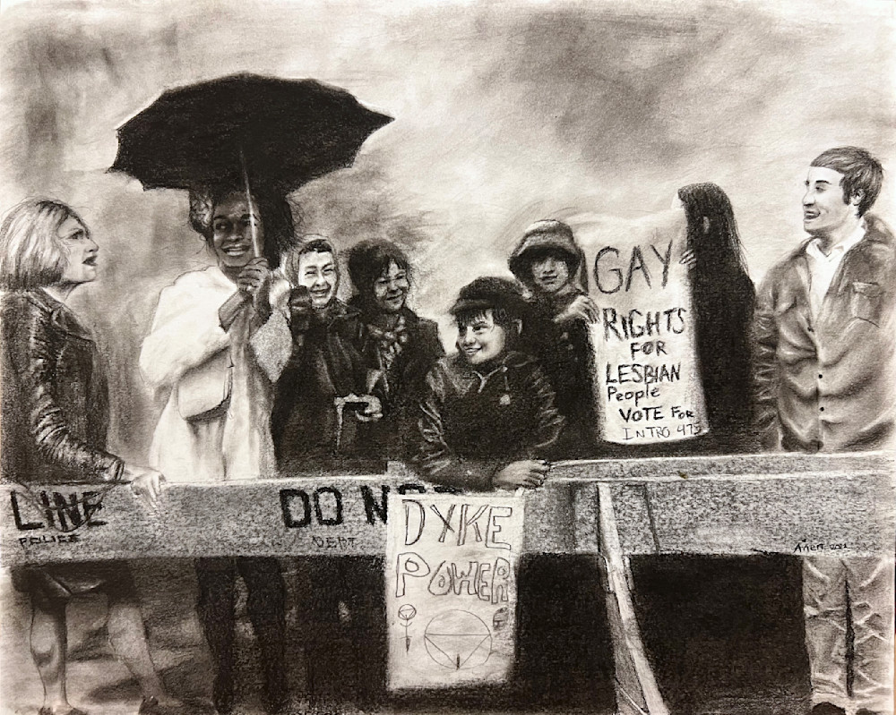 Charcoal drawing of the first queer pride after the Stonewall riot