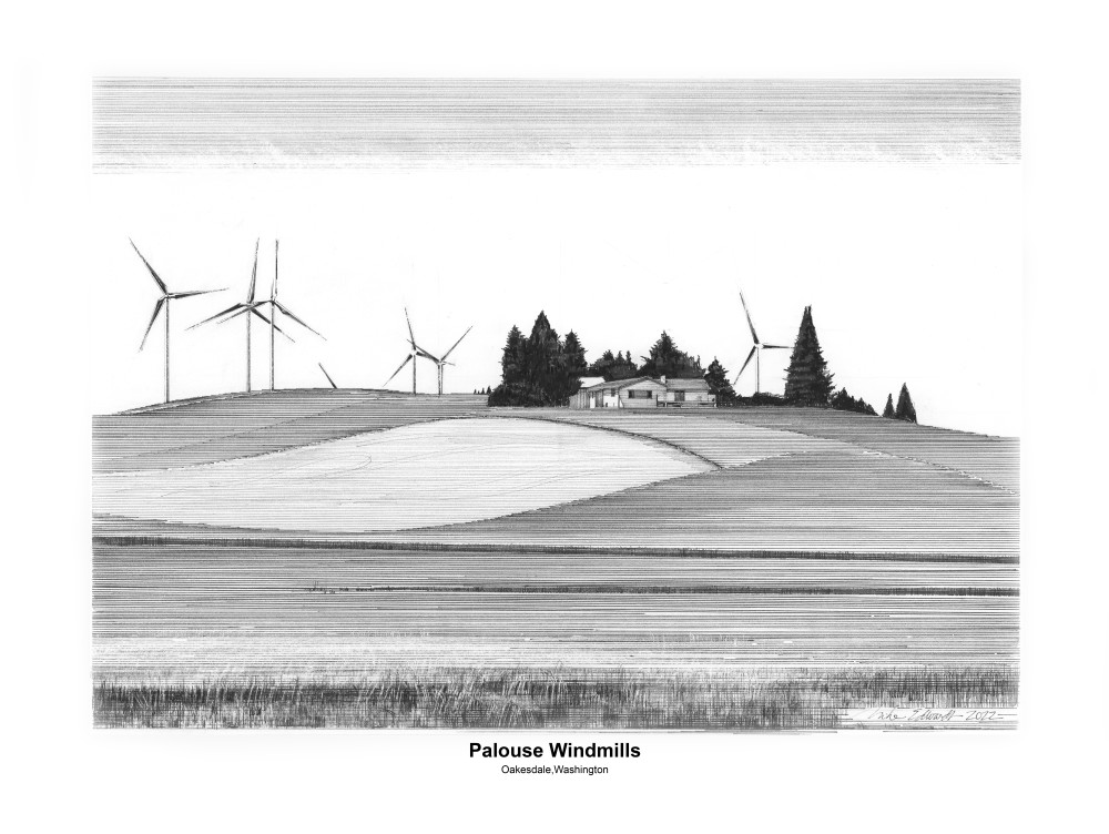 Palouse Windmills With Footer Art | Pen and Ink Art, LLC
