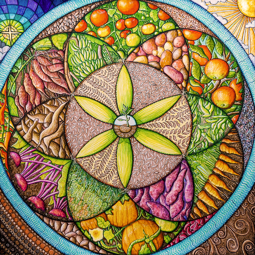 Abundant Harvest: Food Security Meditation. end hunger sustainable development goal sacred geometry farming agriculture art drawing