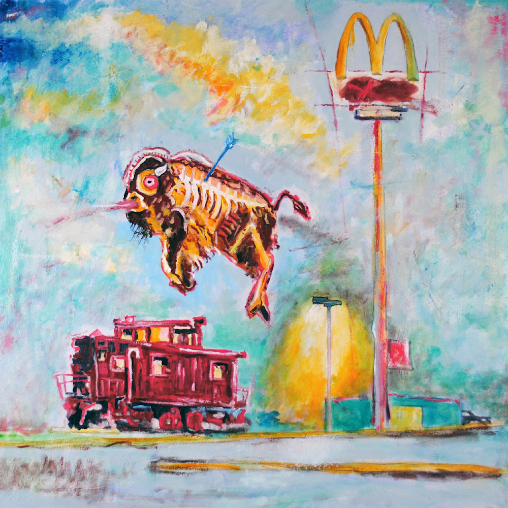 bison, art, painting, mcdonalds, train, caboose, 