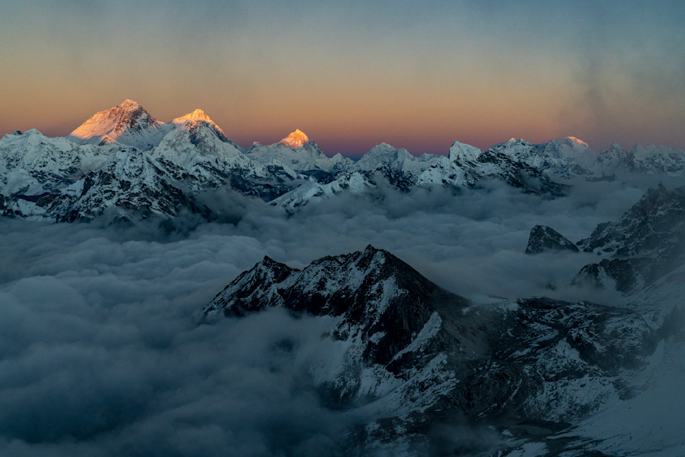 A picture of Everest, Lhotse, and Makalu at evening light. 