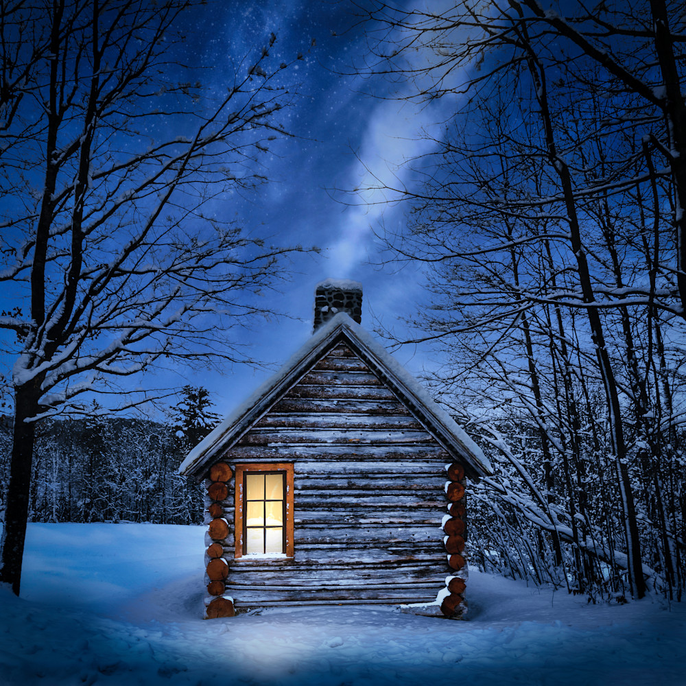 A Snowy Cabin At Night Photography Art | Francois De Melogue
