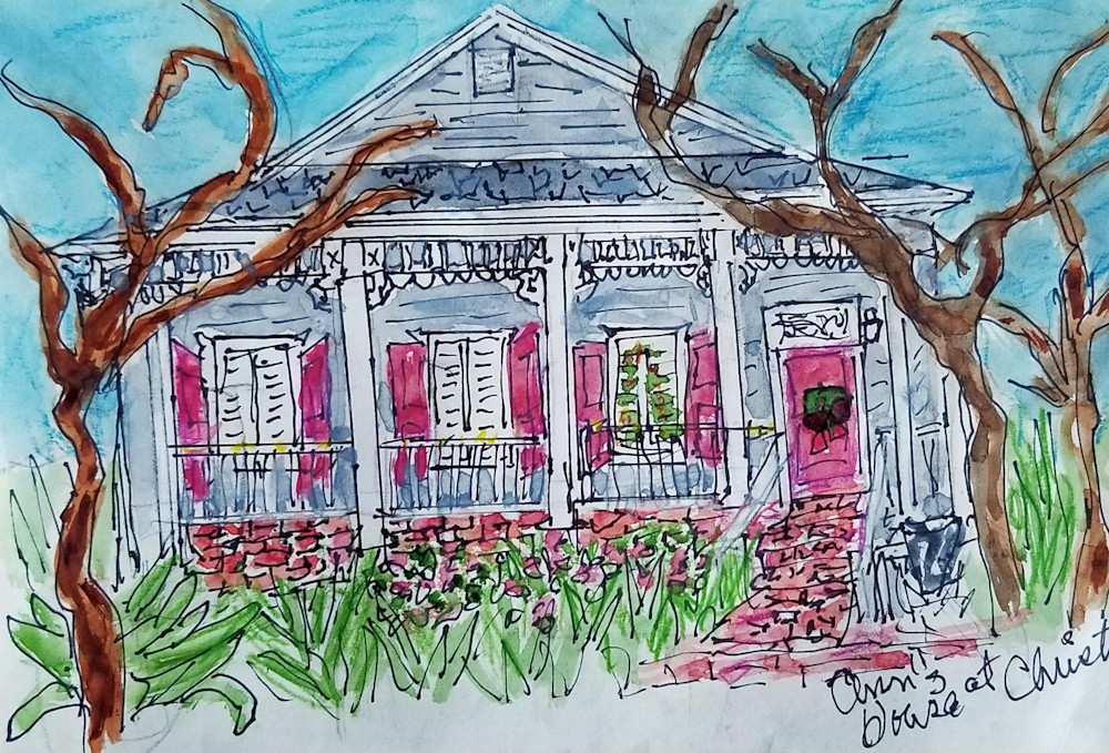 Ann S House At Christmas Small Water Color Sketch Art | Jean Herman 