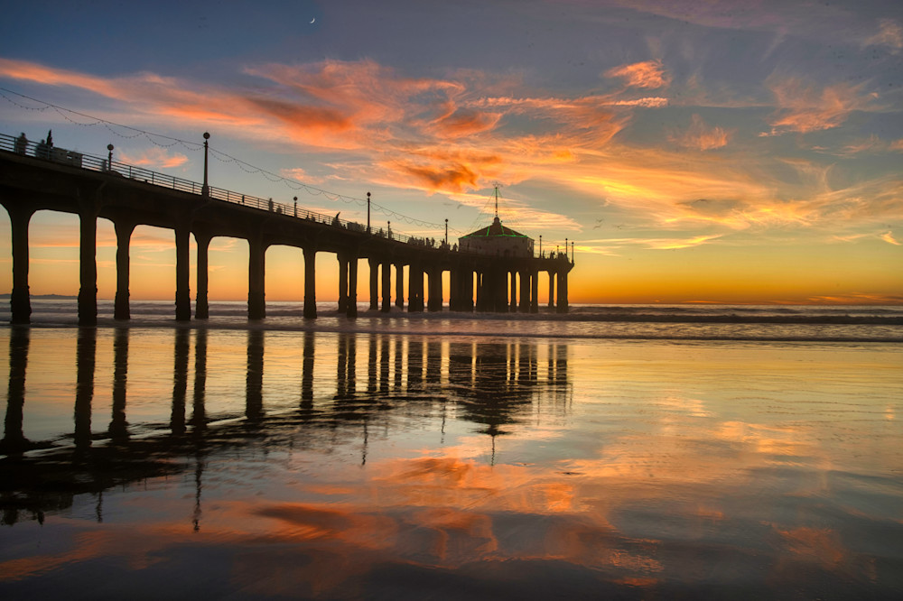 Sunset Reflection Manhattan Beach Pier Photography Art | zoeimagery
